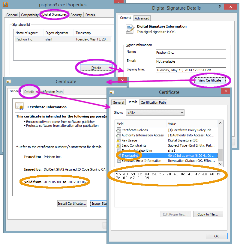 Image showing how to check the Psiphon executable signature on Windows