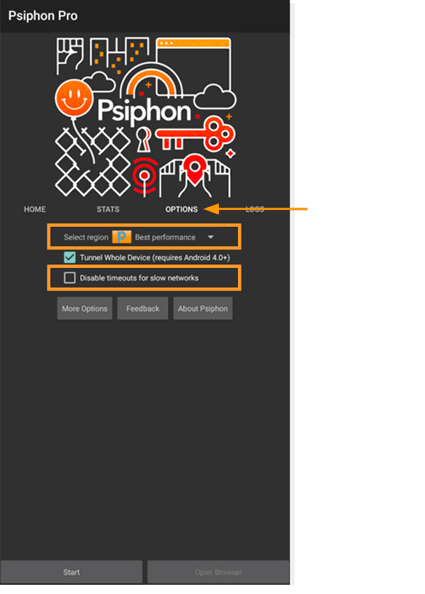 لقطة شاشة الملاحظات لعلامة تبويب إعدادات Psiphon Android