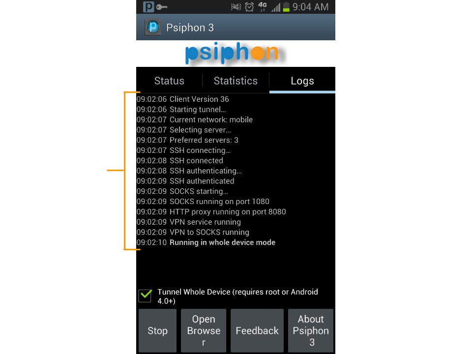 Image showing Psiphon running on Android, on the logs panel