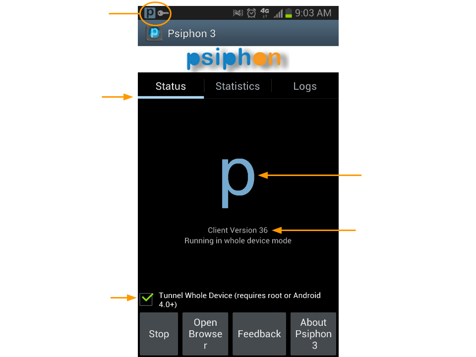 Image showing Psiphon running on Android, on the status panel