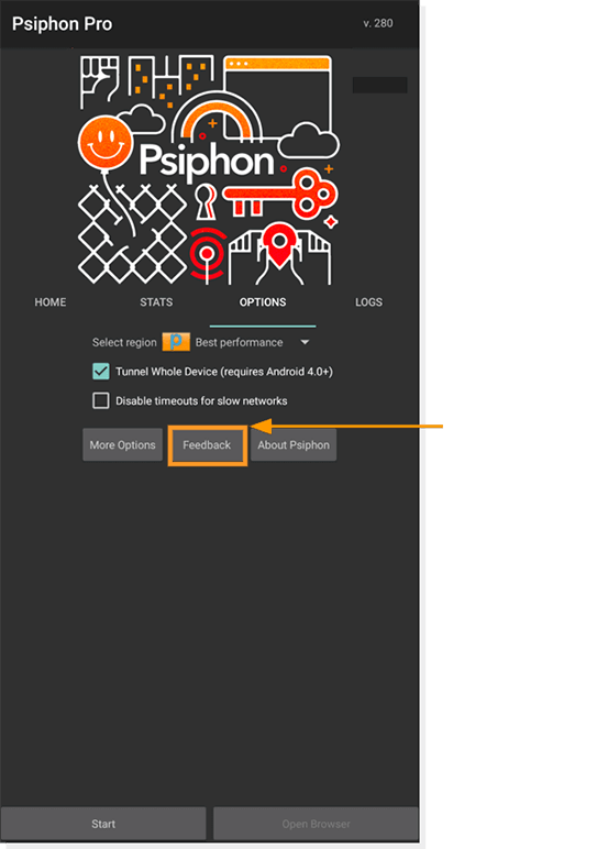 Скриншот обратной связи для вкладки обратной связи Psiphon Андроид