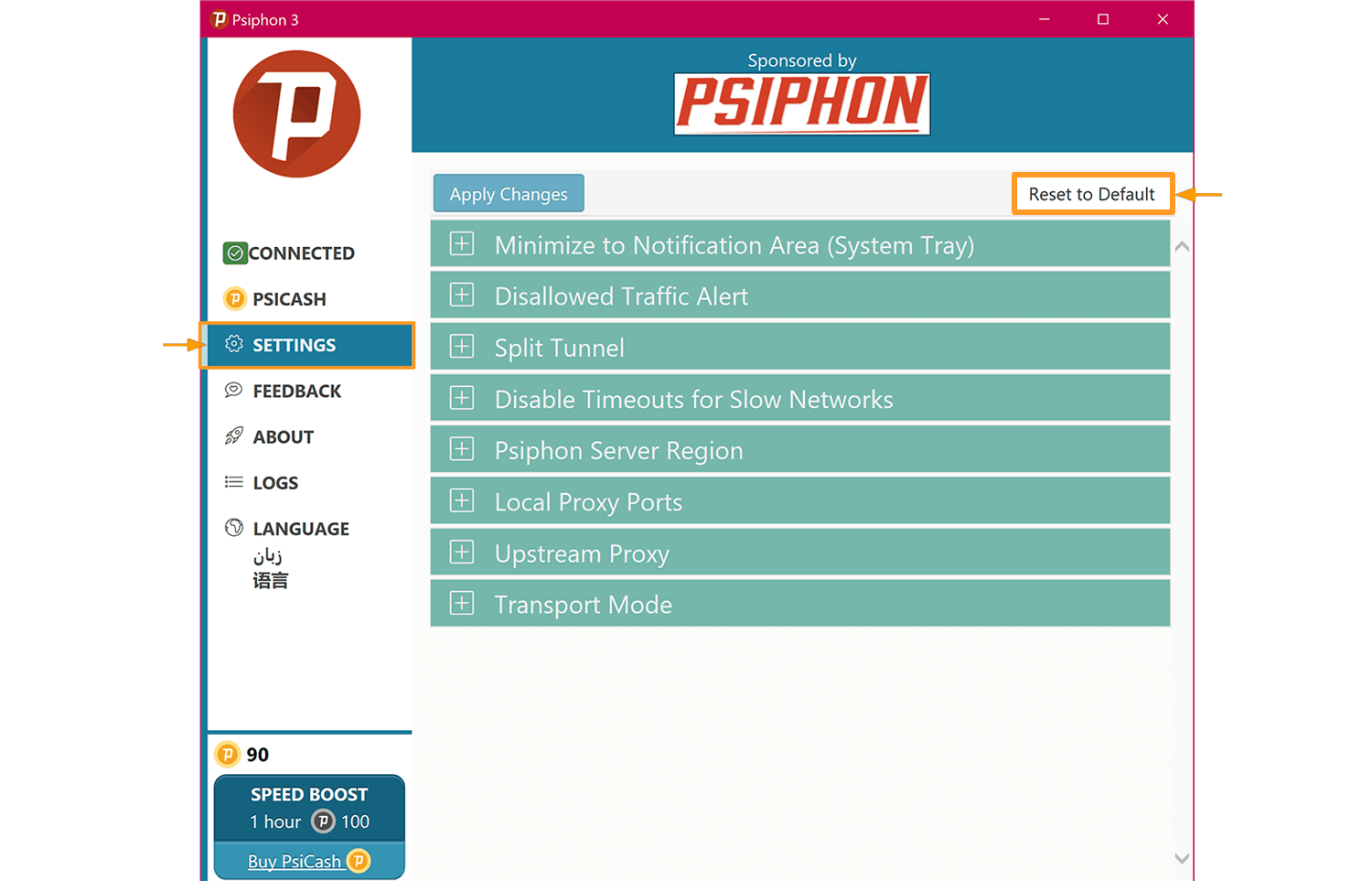Capture d'écran de rétroaction pour l'onglet de paramètre de Psiphon Windows